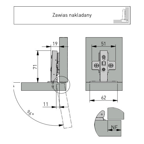 Zawias Meblowy Cichy Domyk Nakładany Ze Spowalniaczem GTV Prosty Clip-On ZM-FCHC090BEO